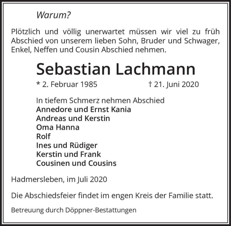  Traueranzeige für Sebastian Lachmann  vom 15.07.2020 aus Magdeburger Volksstimme