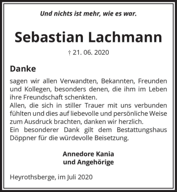 Traueranzeige von Sebastian Lachmann  von Magdeburger Volksstimme