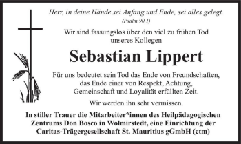 Traueranzeige von Sebastian Lippert  von Magdeburger Volksstimme