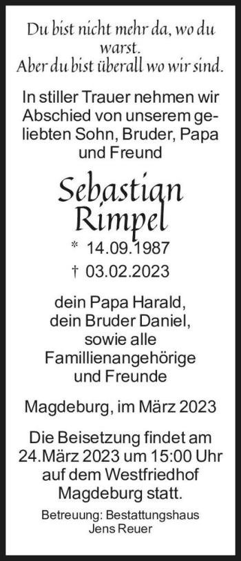 Traueranzeige von Sebastian Rimpel  von Magdeburger Volksstimme