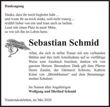Traueranzeige von Sebastian Schmid  von Magdeburger Volksstimme