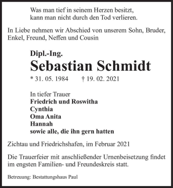 Traueranzeige von Sebastian Schmidt  von Magdeburger Volksstimme