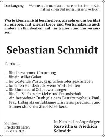 Traueranzeige von Sebastian Schmidt  von Magdeburger Volksstimme