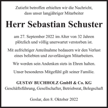 Traueranzeige von Sebastian Schuster  von Magdeburger Volksstimme