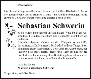 Traueranzeige von Sebastian Schwerin  von Magdeburger Volksstimme
