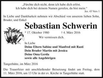 Traueranzeige von Sebastian Schwerin  von Magdeburger Volksstimme