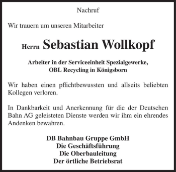 Traueranzeige von Sebastian Wollkopf  von Magdeburger Volksstimme