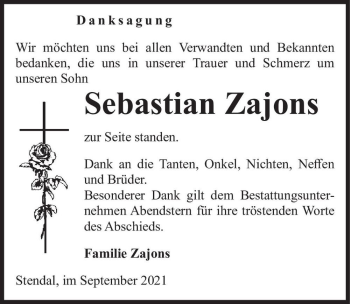 Traueranzeige von Sebastian Zajons  von Magdeburger Volksstimme
