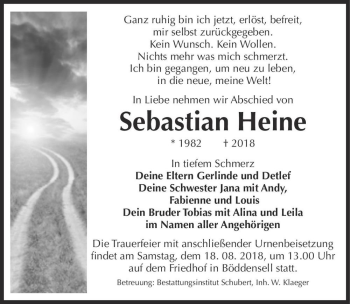 Traueranzeige von Sebstian Heine  von Magdeburger Volksstimme