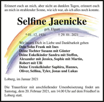 Traueranzeige von Selfine Jaenicke (geb. Elgert)  von Magdeburger Volksstimme