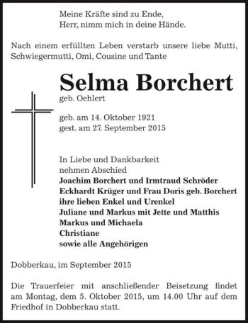 Traueranzeige von Selma Borchert (geb. Oehlert)  von Magdeburger Volksstimme