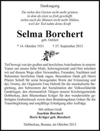 Traueranzeige von Selma Borchert (geb. Oehlert)  von Magdeburger Volksstimme