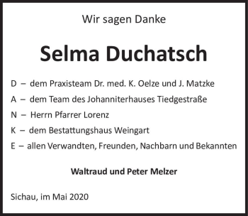 Traueranzeige von Selma Duchatsch  von Magdeburger Volksstimme