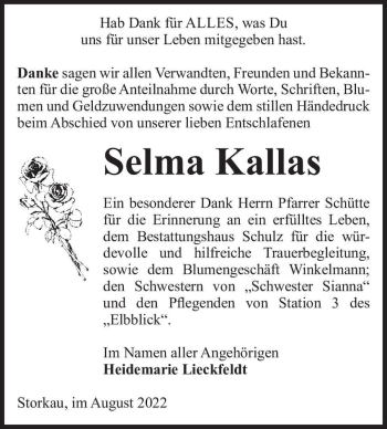 Traueranzeige von Selma Kallas  von Magdeburger Volksstimme
