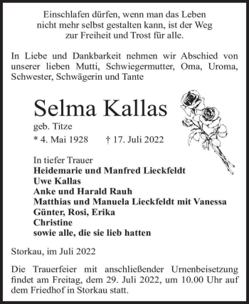 Traueranzeige von Selma Kallas (geb. Titze)  von Magdeburger Volksstimme