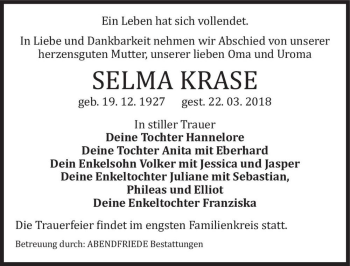 Traueranzeige von Selma Krase  von Magdeburger Volksstimme