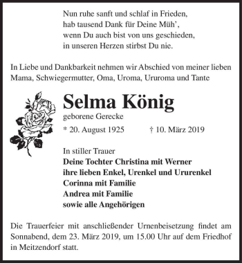 Traueranzeige von Selma König (geb. Gerecke)  von Magdeburger Volksstimme