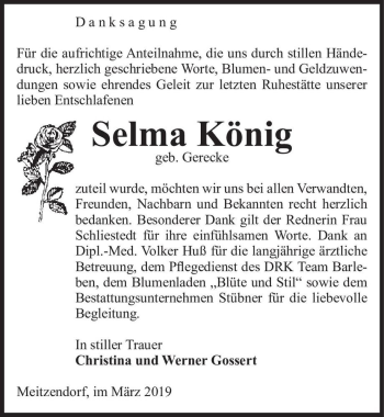 Traueranzeige von Selma König (geb. Gerecke)  von Magdeburger Volksstimme