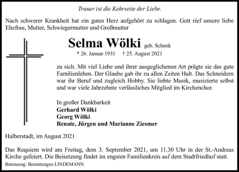  Traueranzeige für Selma Wölki (geb. Schenk)  vom 28.08.2021 aus Magdeburger Volksstimme
