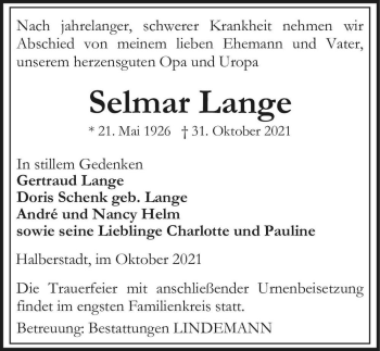 Traueranzeige von Selmar Lange  von Magdeburger Volksstimme