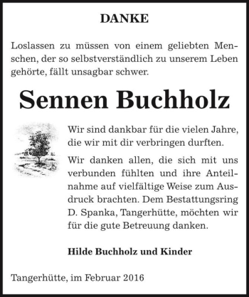 Traueranzeige von Sennen Buchholz  von Magdeburger Volksstimme
