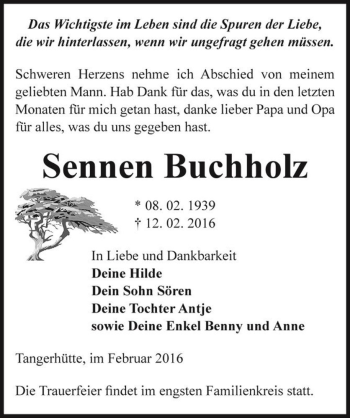 Traueranzeige von Sennen Buchholz  von Magdeburger Volksstimme
