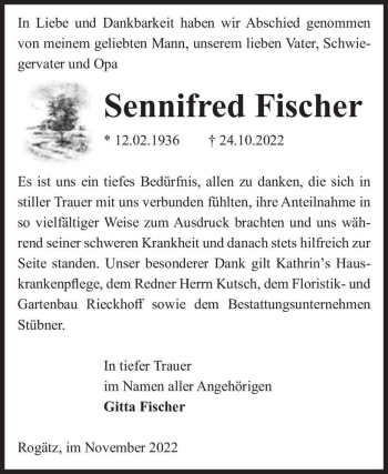Traueranzeige von Sennifred Fischer  von Magdeburger Volksstimme