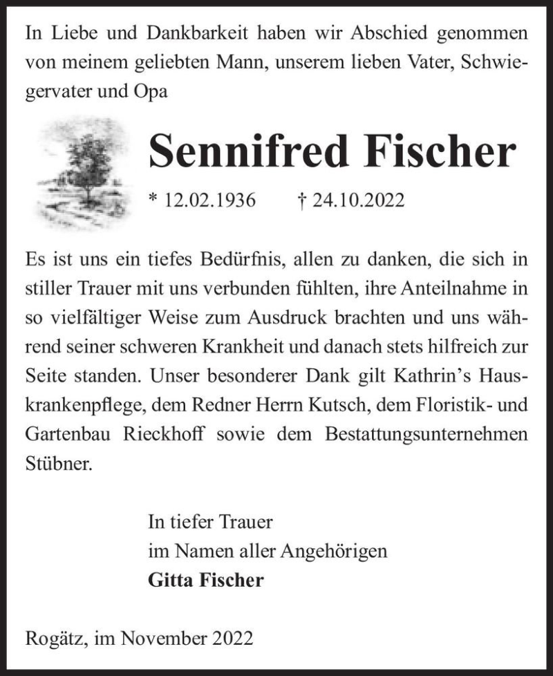  Traueranzeige für Sennifred Fischer  vom 19.11.2022 aus Magdeburger Volksstimme
