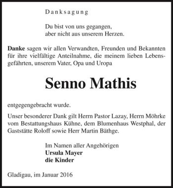 Traueranzeige von Senno Mathis  von Magdeburger Volksstimme