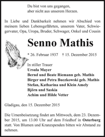 Traueranzeige von Senno Mathis  von Magdeburger Volksstimme