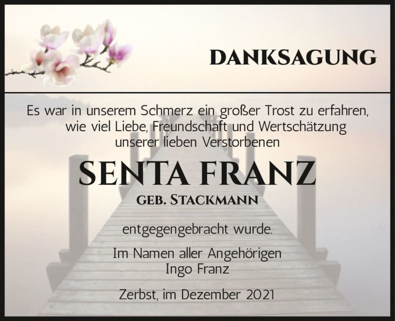 Traueranzeige für Senta Franz (geb. Stackmann)  vom 11.12.2021 aus Magdeburger Volksstimme