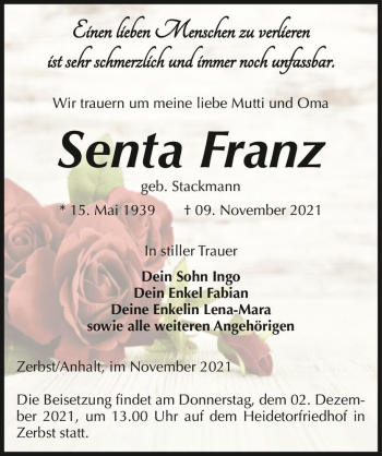 Traueranzeige von Senta Franz (geb. Steckmann)  von Magdeburger Volksstimme