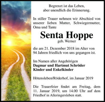 Traueranzeige von Senta Hoppe (geb. Werner)  von Magdeburger Volksstimme