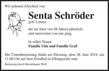 Traueranzeige von Senta Schröder (geb. Lorenz)  von Magdeburger Volksstimme