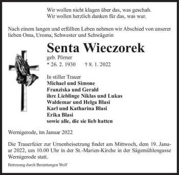 Traueranzeige von Senta Wieczorek (geb. Pörner)  von Magdeburger Volksstimme