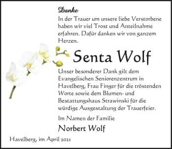 Traueranzeige von Senta Wolf  von Magdeburger Volksstimme