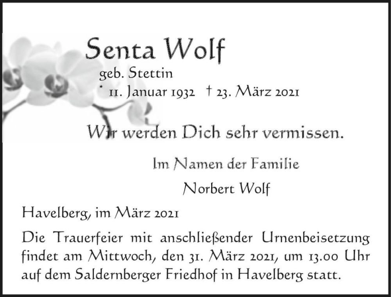  Traueranzeige für Senta Wolf (geb. Stettin)  vom 25.03.2021 aus Magdeburger Volksstimme