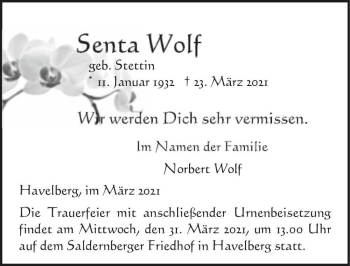 Traueranzeige von Senta Wolf (geb. Stettin)  von Magdeburger Volksstimme