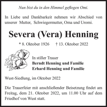 Traueranzeige von Severa (Vera) Henning  von Magdeburger Volksstimme