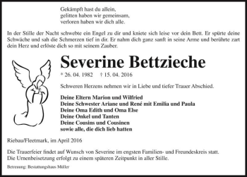 Traueranzeige von Severine Bettzieche  von Magdeburger Volksstimme