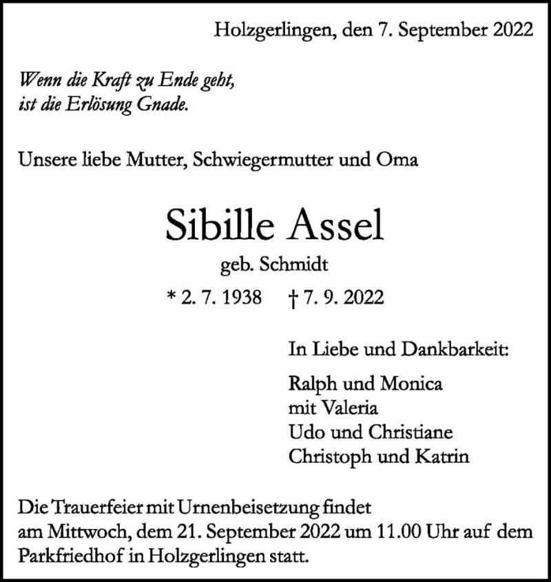  Traueranzeige für Sibille Assel (geb. Schmidt)  vom 16.09.2022 aus Magdeburger Volksstimme