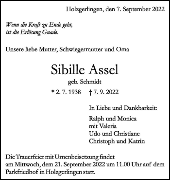 Traueranzeige von Sibille Assel (geb. Schmidt)  von Magdeburger Volksstimme