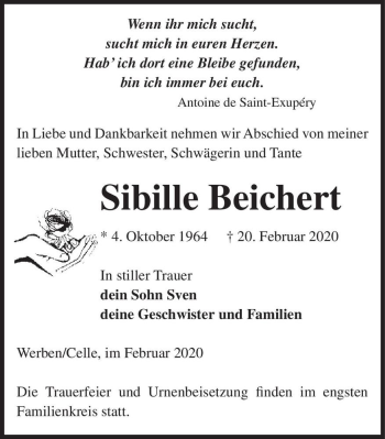 Traueranzeige von Sibille Beichert  von Magdeburger Volksstimme