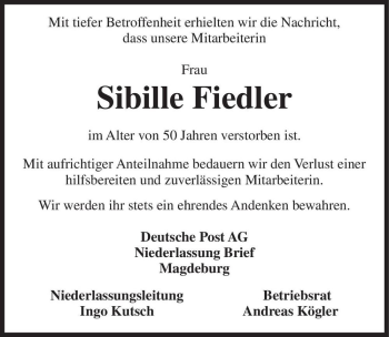 Traueranzeige von Sibille Fiedler  von Magdeburger Volksstimme