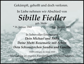 Traueranzeige von Sibille Fiedler (geb. Weile)  von Magdeburger Volksstimme