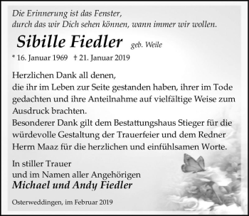 Traueranzeige von Sibille Fiedler (geb. Weile)  von Magdeburger Volksstimme