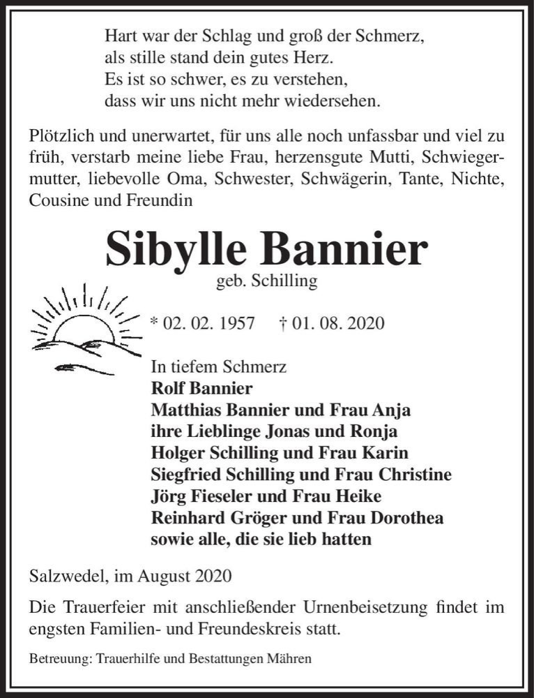  Traueranzeige für Sibylle Bannier (geb. Schilling)  vom 05.08.2020 aus Magdeburger Volksstimme