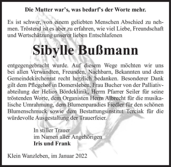 Traueranzeige von Sibylle Bußmann  von Magdeburger Volksstimme