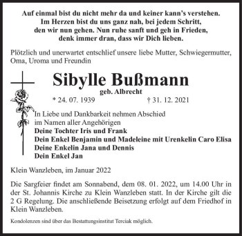 Traueranzeige von Sibylle Bußmann (geb. Albrecht)  von Magdeburger Volksstimme
