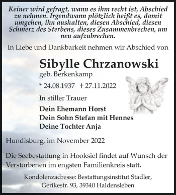 Traueranzeige von Sibylle Chrzanowski (geb. Berkenkamp)  von Magdeburger Volksstimme